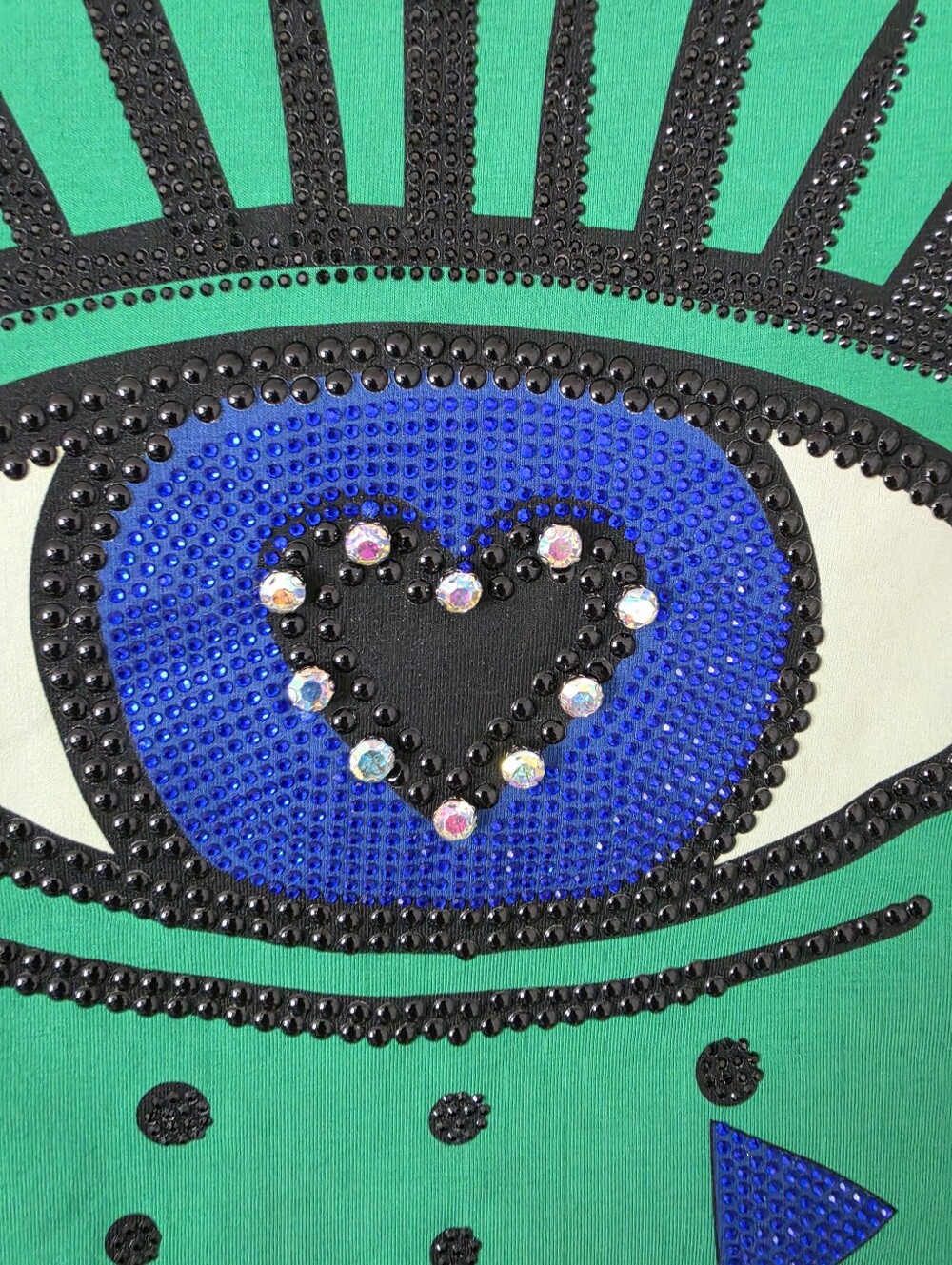 Evil Eye Rhinestone Graphic Tee Green Heart Studded Shirt NWT M - Picture 6 of 10